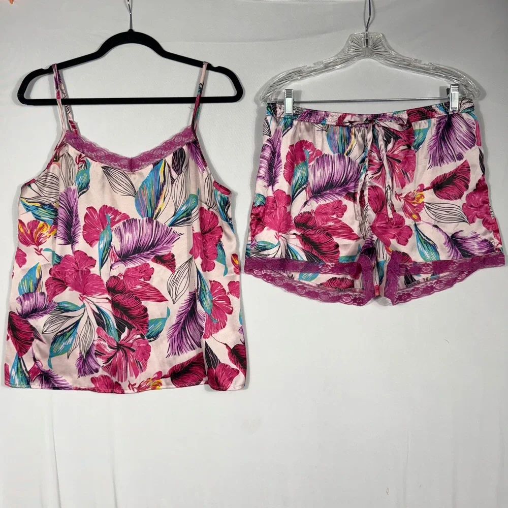 Vtg Y2K Cynthia Rowley Sleepwear Pink Floral Satin Pajama Set L Cami Shorts Lace